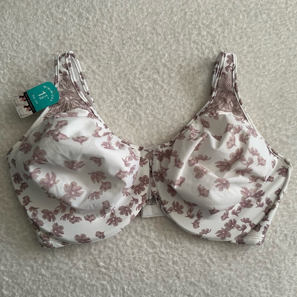 Bali White with Burgundy Flowers Underwire Minimizer Bra 36DDD